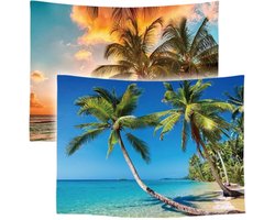 Ulticool – Wandkleed - Strand Natuur Zee Eiland Palmboom Zonsondergang – Set van 2 designs - 73 cm x 95 cm – Schilderij Wandtapijt Stof – Poster Art – Oranje Groen Blauw