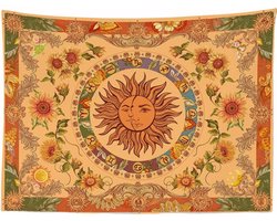 Ulticool - Zon Mandala Bloemen Maan Natuur Retro - Wandkleed - 200x150 cm - Groot wandtapijt - Poster - Oker Geel Oranje Groen