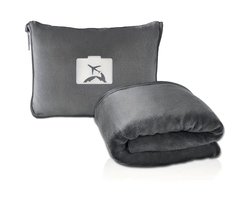 Ultiluxe® 2-in-1 reiskussen en reisdeken - Fleece deken - Grijs - Opvouwbaar met opbergzak - 150 x 130 cm - Comfortabel travel blanket - Reizen, vakantie, kamperen - Auto, vliegtuig of vliegreizen - Wasbaar - Opbergtas met ophanghaak