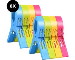 Ultiluxe® Grote strandlaken knijpers - 8 stuks - XXL badhanddoek klemmen - Handdoek clips - Wasknijpers - Badlaken vastzetten - Ligbed, strandstoel, kleding, camping stoel, tafelkleden - Kunststof strandhanddoek