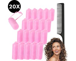 Ultiluxe® Haarrollers set 20 stuks - Roze - Met kam en spiegeltje - Schuim spons krulspelden voor krullen - 2 cm dik - Foamrollers - Krullen zonder hitte - Heatless curls - Haarkrullers - Krulset - Bevestigingsklem