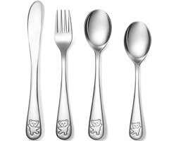Ultiluxe® Kinderbestek met Beertjes - 4 Stuks - RVS Bestekset - Babybestek - 16.5 cm - Beren Design - Veilig Afgerond - Zilver