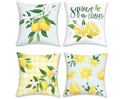 Ultiluxe® Kussenhoezen - 4 Stuks - Sierkussenslopen - Decoratieve Kussenhoes - 45 x 45 cm - Fluweel Stof - Citroen Fruitprint - Wit/Groen/Geel