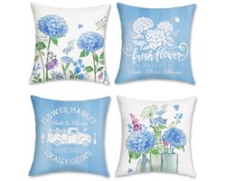 Ultiluxe® Kussenhoezen - 4 Stuks - Sierkussenslopen - Decoratieve Kussenhoes - 45 x 45 cm - Fluweel Stof - Hortensia Bloemenprint - Blauw/Wit