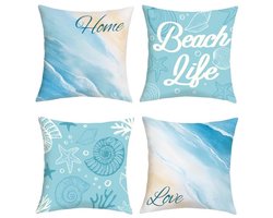 Ultiluxe® Kussenhoezen - 4 Stuks - Sierkussenslopen - Decoratieve Kussenhoes - 45 x 45 cm - Fluweel Stof - Schelp Strand Print - Blauw/Wit