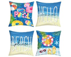 Ultiluxe® Kussenhoezen - 4 Stuks - Sierkussenslopen - Decoratieve Kussenhoes - 45 x 45 cm - Fluweel Stof - Strand Zomer Print - Blauw/beige