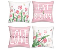 Ultiluxe® Kussenhoezen - 4 Stuks - Sierkussenslopen - Decoratieve Kussenhoes - 45 x 45 cm - Fluweel Stof - Tulpen Bloemenprint - Roze/wit