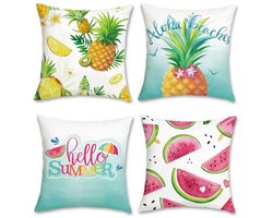 Ultiluxe® Kussenhoezen - 4 Stuks - Sierkussenslopen - Decoratieve Kussenhoes - 45 x 45 cm - Fluweel Stof - Watermeloen Ananas Print - Blauw/Groen/Wit/Roze