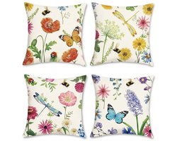 Ultiluxe® Kussenhoezen - 4 Stuks - Sierkussenslopen - Decoratieve Kussenhoes - 45 x 45 cm - Polyester Linnen - Bloemen Vlinders Print - Wit Multicolor