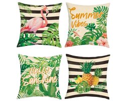 Ultiluxe® Kussenhoezen - 4 Stuks - Sierkussenslopen - Decoratieve Kussenhoes - 45 x 45 cm - Polyester Linnen - Flamingo Tropische Print - Roze/Zwart