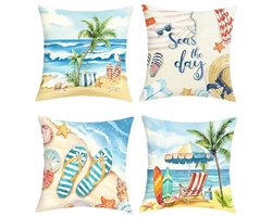 Ultiluxe® Kussenhoezen - 4 Stuks - Sierkussenslopen - Decoratieve Kussenhoes - 45 x 45 cm - Polyester Linnen - Strand Palm Print - Blauw/Groen/Beige