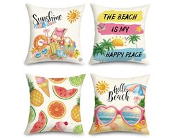Ultiluxe® Kussenhoezen - 4 Stuks - Sierkussenslopen - Decoratieve Kussenhoes - 45 x 45 cm - Polyester Linnen - Strand Zomer Print - Multicolor