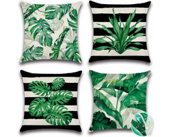 Ultiluxe® Kussenhoezen botanisch - Groen/zwart - 4 stuks - Buiten kussens met planten en strepen - 45 x 45 cm - Waterdichte hoezen - Tuin accessoires - Weerbestendig materiaal - Vierkante sierkussenhoezen voor tuinmeubelen