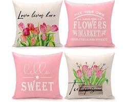 Ultiluxe® Kussenhoezen met tulpen - Roze/beige - 4 stuks - Tuin sierkussens - 45 x 45 cm - Tuinkussens - Buiten decoratie - Waterafstotend textiel - Kleurvast materiaal - Vierkante kussenhoezen set voor loungeset of tuinmeubelen