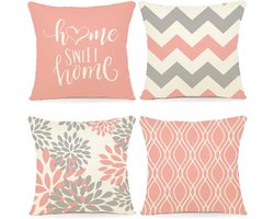 Ultiluxe® Kussenhoezen print - Roze/beige - 4 stuks - Home sweet home buiten sierkussens - 45 x 45 cm - Waterdichte hoezen - Tuin accessoires - Weerbestendig materiaal - Vierkante sierkussenhoezen voor tuinmeubelen