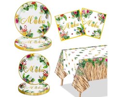 Ultiluxe® Tafellaken - Aloha Tafelkleed, Borden en Servetten - Tafeldecoratie - 130 x 220 cm - Hawaii Thema - Waterafstotend - Kunststof - Wegwerp - Voor feestjes en verjaardagen - Wit/groen/geel