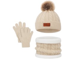 Ultiluxe® Winter set voor kinderen - Beige - 3-delige set - Muts met pom pom, handschoenen, sjaal - Kindermuts met winter handschoenen en warme ronde sjaal - Baby, kind, meisje of jongen - Sinterklaas, kerstcadeau - Winterset