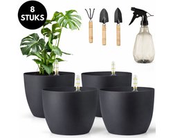 Ultiluxe® Zelfbewaterende bloempotten 8-delig - Donkergrijs - Automatisch watergeefsysteem - Kunststof plantenpotten met waterindicator - Zelf bewaterend - Inclusief tuingereedschap compleet - 15,5 x 13 cm