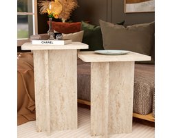 Ultimate Premium Product – Salontafel Set van 2 – Moderne Vierkante Nesting Bijzettafels – Travertin Look – Kleine Tafels voor Woonkamer