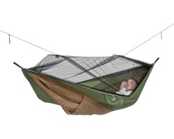 Ultra-Light Hangmat Adventure Moskito Thermo 470 g met muggennet en isomatvak - Reishangmat 275 x 140 cm tot 150 kg in groen-bruin