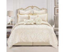 Ultra Zacht Bloemenbeddengoed Set met Euroshams, Bedrok en Decoratief Kussen - Beige/Wit - Kingsize