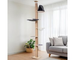 UltraHoge Plafond Krabpaal 280–300 cm met 6 Etages, Wand- en Vloermontage Kattenboom met Hangmat & Transparante Capsule – Verstelbare Luxe Klimtoren van Rubberhout & Jute Sisal – Ganeey