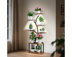 unho 7-laags plantenstandaard met groeilamp - Hoge plantenplank voor binnen met timer en dimfunctie - Volledig spectrumlicht - Houten en metalen plantenrek - Hoekbloemenstandaard voor woonkamer en terras