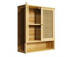 unho Badkamer Wandkast - Houten Opbergkast - 2 Rotan Deuren en Open Planchet - Muurbevestiging Medicijnkast Unit - Hangend Over Het Toilet - voor Was, Keuken, Woonkamer en Hal - 59x20.5x66.5cm