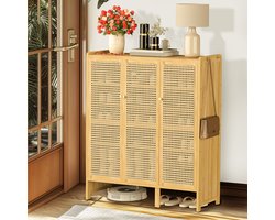 unho Bamboe schoenenkast groot - 5-laags schoenenrek met 3 rotan deuren - schoenenrek voor hal, slaapkamer of entree - vrijstaande schoenenkast met opbergvakken