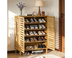 unho Bamboe Schoenenkast met 5 Niveaus - Schoenenopberger met Ventilerende Lameldeuren - Hal & Entree Kast - Natuurlijk Hout - 75x35x103 cm
