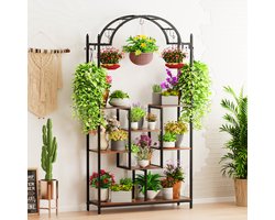 unho Grote Binnen Planten Stand - Gebogen Metalen Plantenrek met Hangende Haken - Multifunctionele Grote Bloem Bonsai Potten Display Rek voor Balkon Woonkamer
