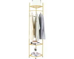unho hoek gouden kledingrekken vrijstaand - metalen kapstokken - zwaar modern kledingrek - hal boom met 3 verdiepingen planken voor thuis, slaapkamer, woonkamer