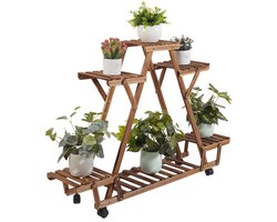 unho Houten Plantenrek Binnen - 4 Traps Plantenrek voor Meerdere Planten - Hoek Bloempothouder voor Vensterbank Patio Balkon Tuin Woonkamer - met Wielen - 91 x 25 x 81cm