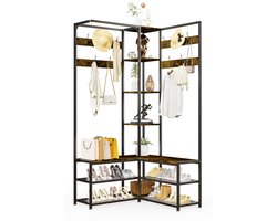 unho kapstok met bank - hoekkapstok met 10 haken en planken - kledingstang met schoenenrek - open garderobe gangrek - 146x30x178.5cm - ruimtebesparend - industrieel ontwerp