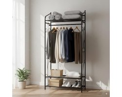 unho Kledingrek met Planken - Metalen Kledinghangrek - Kledingrek - Zwarte Open Garderobekast - Kapstok voor Slaapkamer met Schoenopbergruimte - 78 x 36 x 160cm