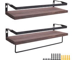 unho Zwevende Planken Wandgemonteerd - Opbergrek met Handdoekstang - Set van 2 Rustieke Houten Metalen Display Rekken - voor Badkamer Slaapkamer Woonkamer