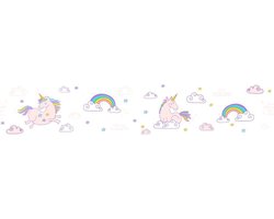 "UNICORN" EENHOORN BEHANGRAND | Zelfklevend - wit paars geel blauw - A.S. Création Only Borders 11