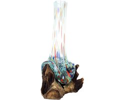 Unieke Glas in Hout Vaas - Gesmolten Glas Kunst met Teakhout Basis