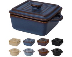 Unieke Mooie Keramische Ovenpannetjes met Deksel - Set van 2 - Donkerblauw/Bruin – Luxe Cadeau - Rond & Vierkant – 180ml & 240ml – Keramiek & Aardewerk – Oven, Magnetron & Afwasmachine – Tapasset / Hapjesset – Luxe Keukenaccessoires – Cadeautip