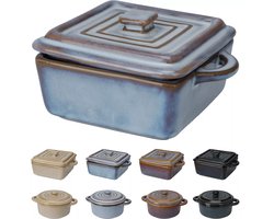 Unieke Mooie Mini Keramische Ovenpannetjes met deksel - 2 stuks - BlauwGrijs – Rond – 180ml & 240ml – Keramiek & Aardewerk – Oven, Magnetron & Afwasmachine – Tapasset / Hapjesset – Luxe Keukenaccessoires – Cadeautip