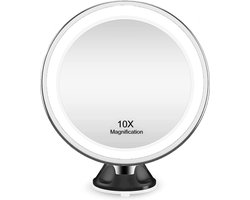 UNIQ Vergroot Spiegel met LED Verlichting - Make-up en Scheer Spiegel - 10x Vegroting - 360° Graden Verstelbare Zuignap en Wandbevestiging - Rond – Zwart