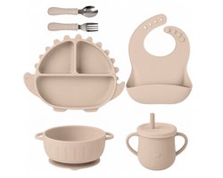 Uniqcart Siliconen Babyservies 5-delig – Dino Design Beige – BPA-vrij – Met Zuignap – Inclusief Slabbetje, RVS Bestek & Drinkbeker – Vaatwasser-, Oven- & Magnetronbestendig – Kraamcadeau