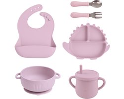 Uniqcart Siliconen Babyservies 5-delig – Dino Design Roze – BPA-vrij – Met Zuignap – Inclusief Slabbetje, RVS Bestek & Drinkbeker – Vaatwasser-, Oven- & Magnetronbestendig – Kraamcadeau