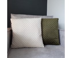 Unique Living Kussen – Sierkussen – Kussens Woonkamer – Set van 2 – Velvet – Noppen – Luxe Kussen – 45x45 cm – Crème – Off-White – Donker Groen