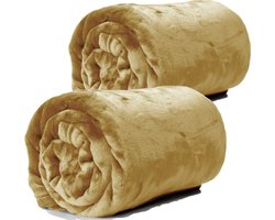 Unique Living Plaid/deken - 2x - fleece - camel/taffy - polyester - 130 x 180 cm