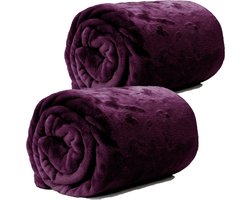 Unique Living Plaid/deken - 2x - fleece - donker paars - polyester - 130 x 180 cm