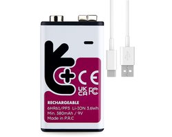 Uniross USB-C Oplaadbare 9V Blok Batterij (E-Block) - Lithium-Ion - Inclusief Laadkabel - 1 Stuks