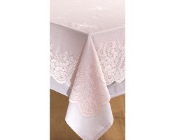 Univers Décor - Vintage stijl vlekbestendig tafelkleed + kanten opleg in alle maten - Tafelkleed + Roze Cover Tafelkleed - Rechthoekig tafelkleed 150 x 250 cm + kanten opleg 140 x 240 cm