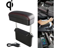 Universele Auto Draadloze Qi Standaard Oplader PU Leer Gewikkeld Armsteun Doos Kussen Auto Armsteun Doos Mat met Opbergdoos (Zwart Rood)