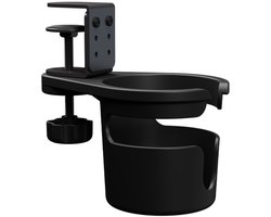 Universele, grote bekerhouder voor op het bureau met clipbevestiging, gemaakt van robuust plastic, geschikt voor tafels, schommelstoelen, tuinstoelen en andere buitenstoelen. De houder is morsbestendig en kan eenvoudig worden vastgeklikt.